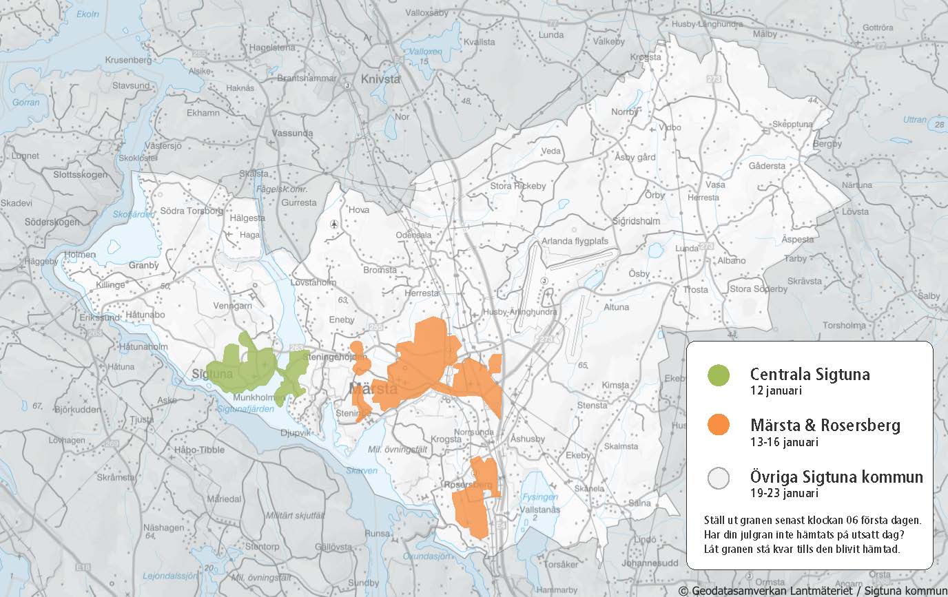 Karta över sigtuna kommun med färgmarkerade områden.